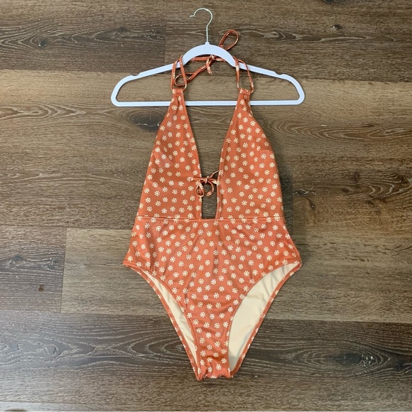 Victoria’s Secret Womens orange rusty Daisy print plunge tie neck one piece swim - Picture 2 of 11